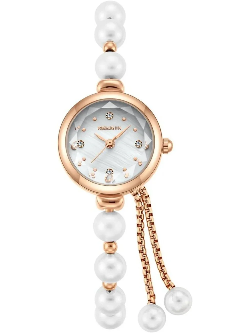 Women Rose Gold Analog Quartz Adjustable Slider Clasp Pearl Bracelet Wrist Watch
